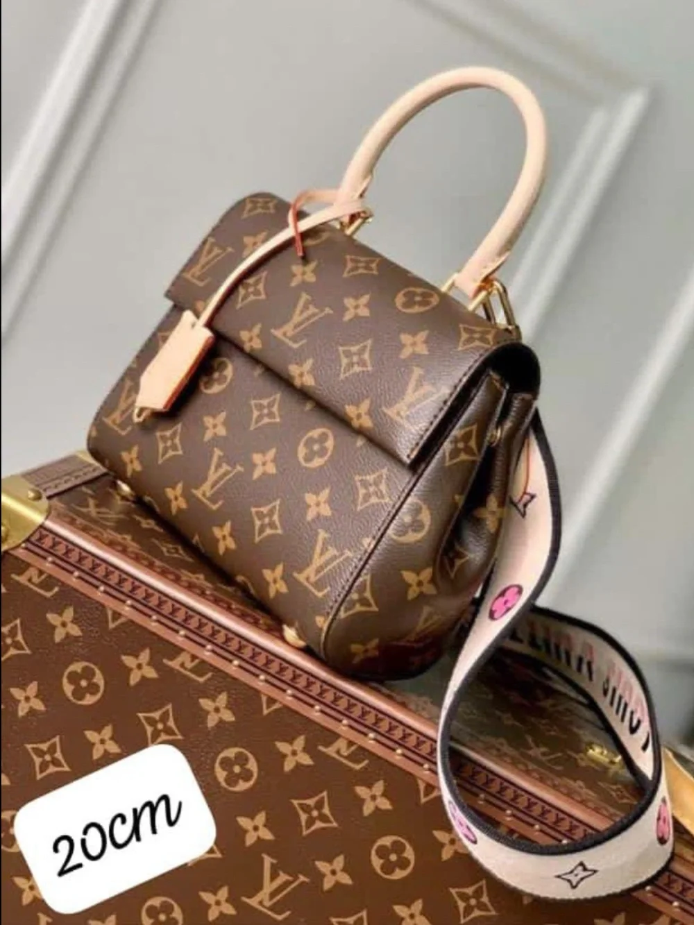 Brown Monogram Satchel with Pale Pink Handles and Decorative Strap💕💕